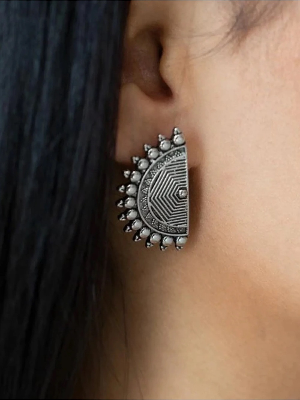 Half Moon Tribal Stud Earrings - Silver